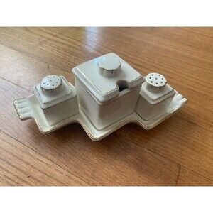 Vintage Crackled Porcelain Salt and Pepper Set w/ Mustard Jar White Gold Trim